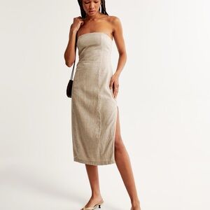 Abercrombie Strapless Linen Blend Midi Dress in Beige Size Medium